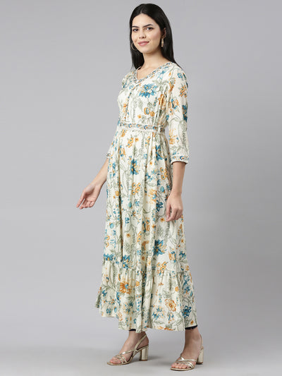 Neeru's Cream Straight Casual Printed Maxi Dresses