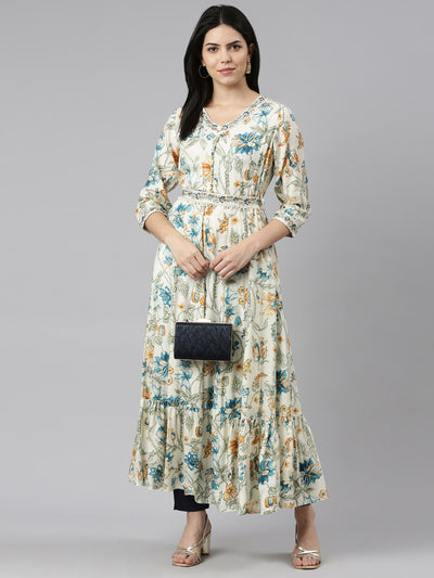 Neeru's Cream Straight Casual Printed Maxi Dresses