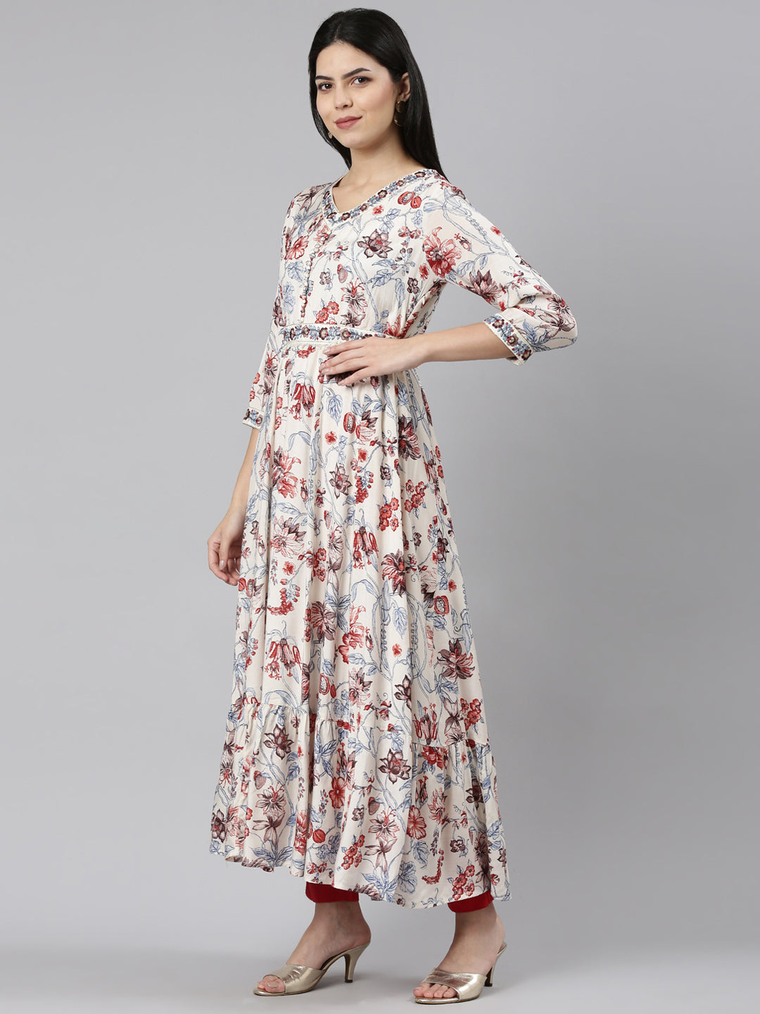 Neeru's White Straight Casual Printed Maxi Dresses