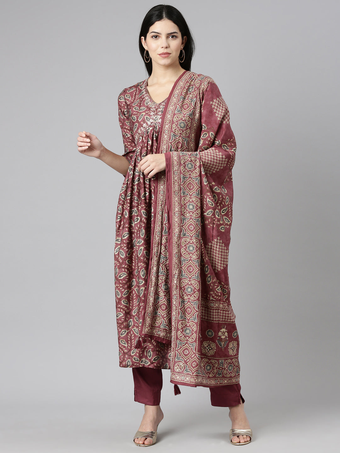 Neeru's Pink Pleated Straight Printed Kurta And Trousers With Dupatta