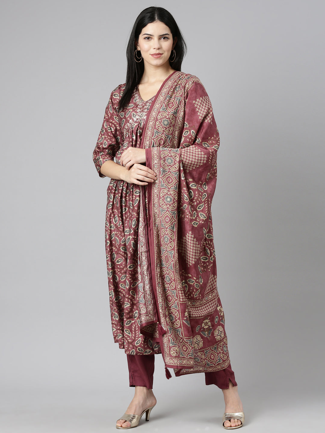 Neeru's Pink Pleated Straight Printed Kurta And Trousers With Dupatta