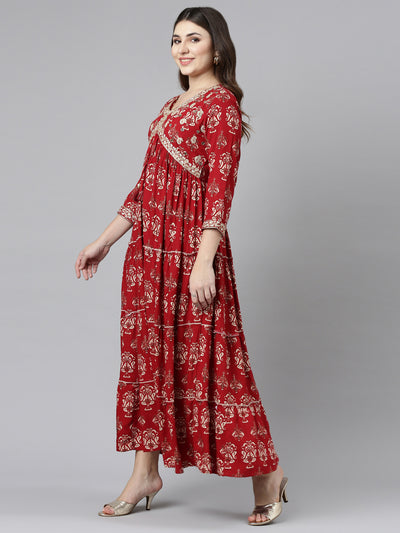 Neeru's Maroon Straight Casual Printed Gown