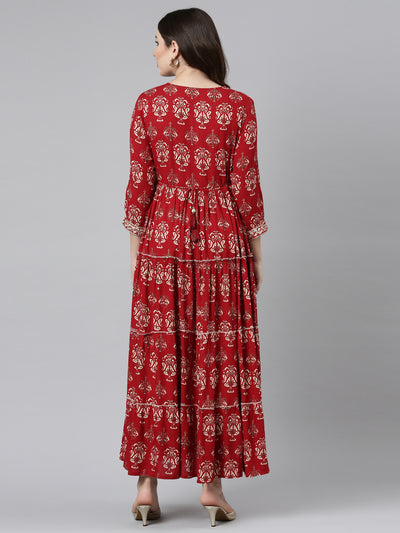 Neeru's Maroon Straight Casual Printed Gown