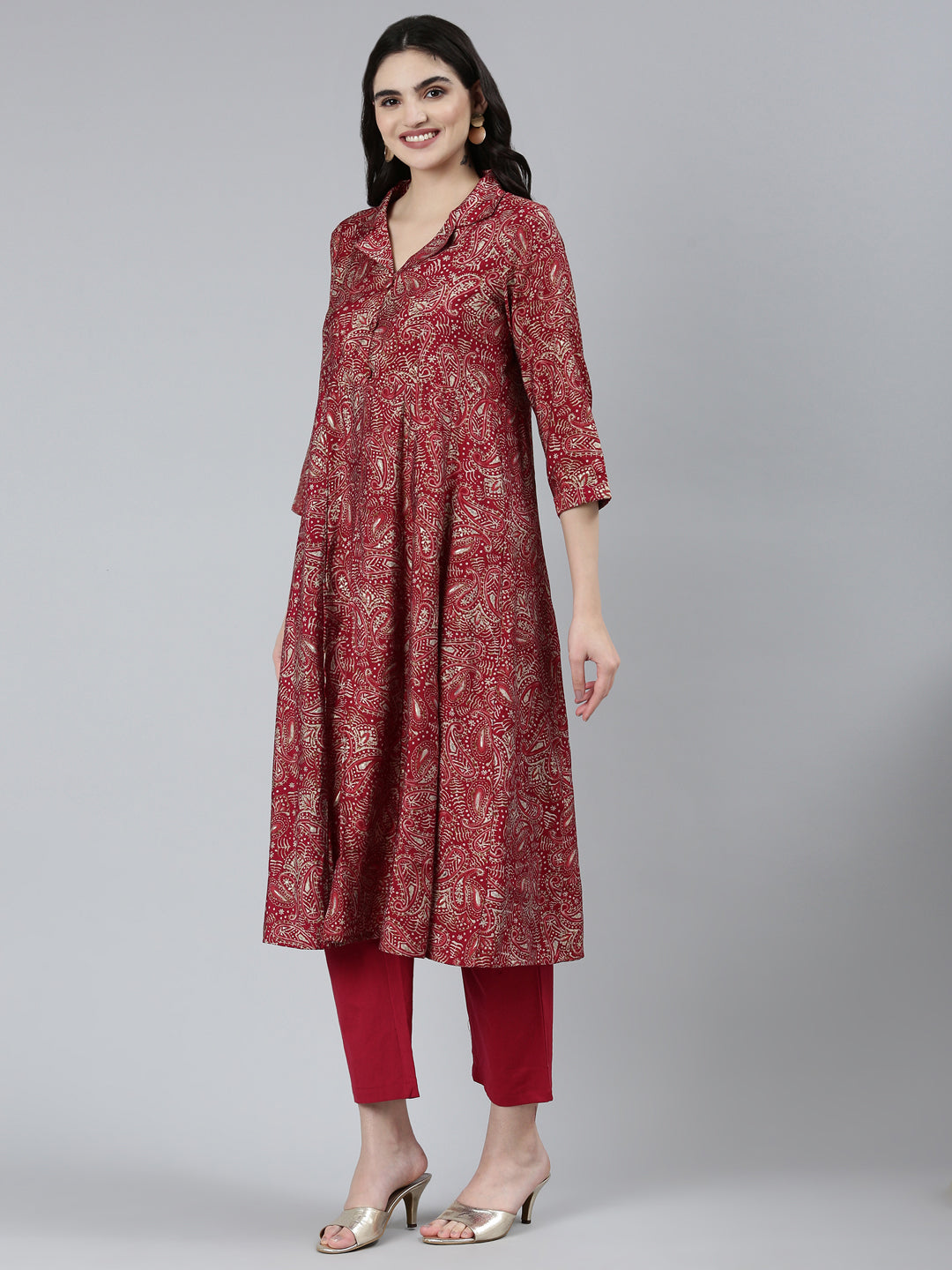 Neeru's Maroon Regular Straight Paisley Kurta Sets And Trousers