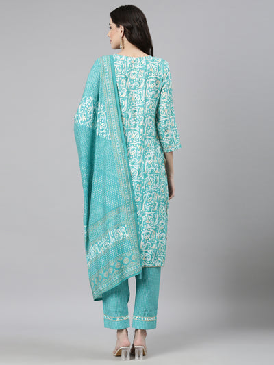 Neerus Sea Green Casual Textured Straight Kurta and Trousers With Dupatta