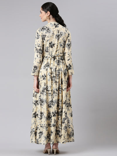 Neerus Cream Floral Printed Maxi Dresses