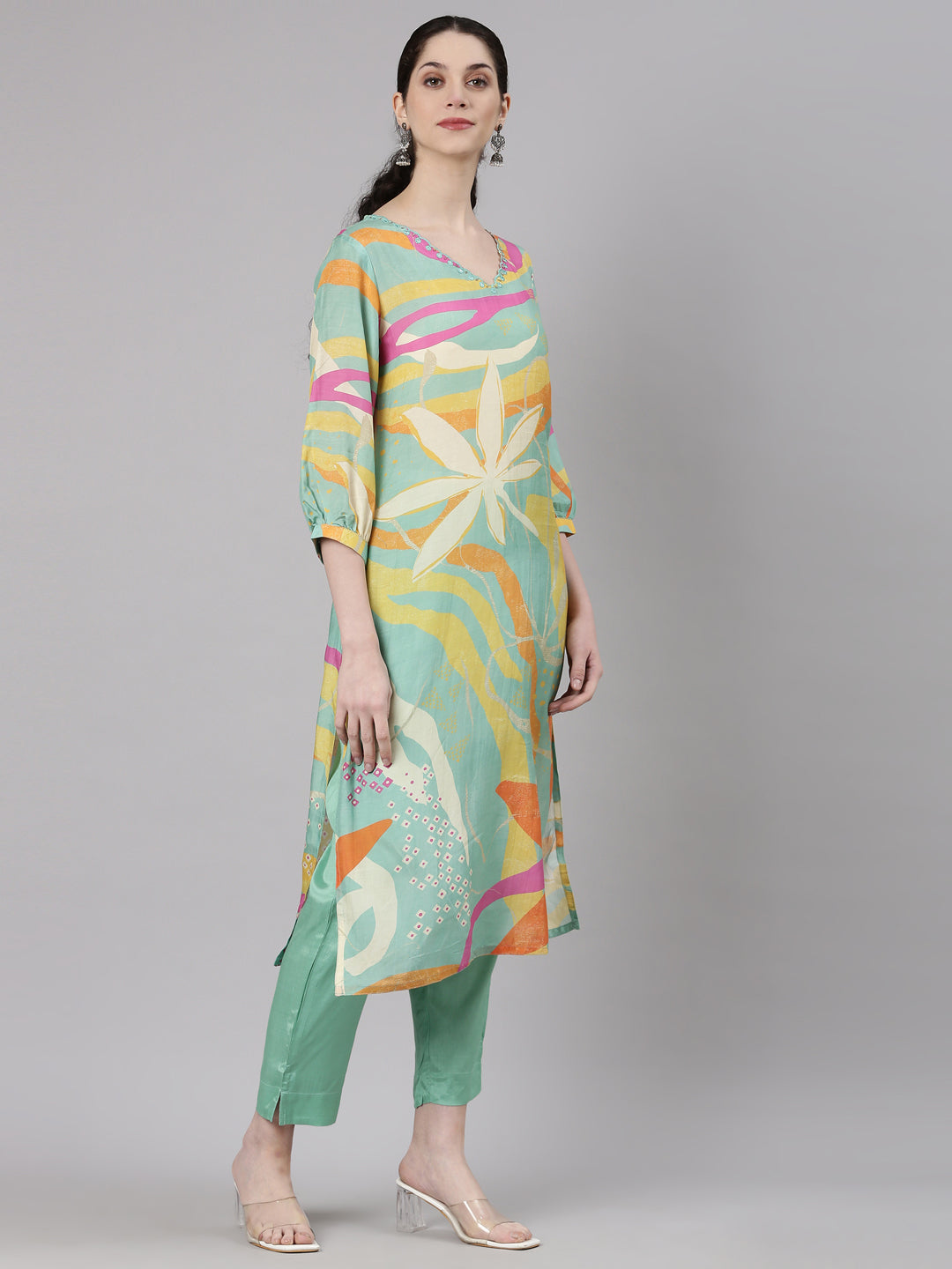 Neerus Blue Straight Casual Floral Kurta and Trouser