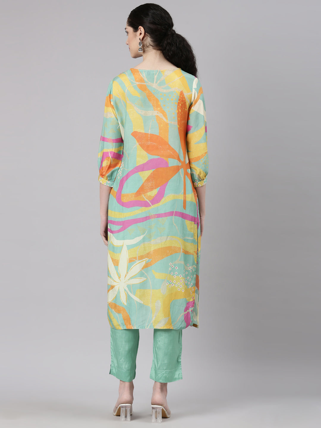 Neerus Blue Straight Casual Floral Kurta and Trouser