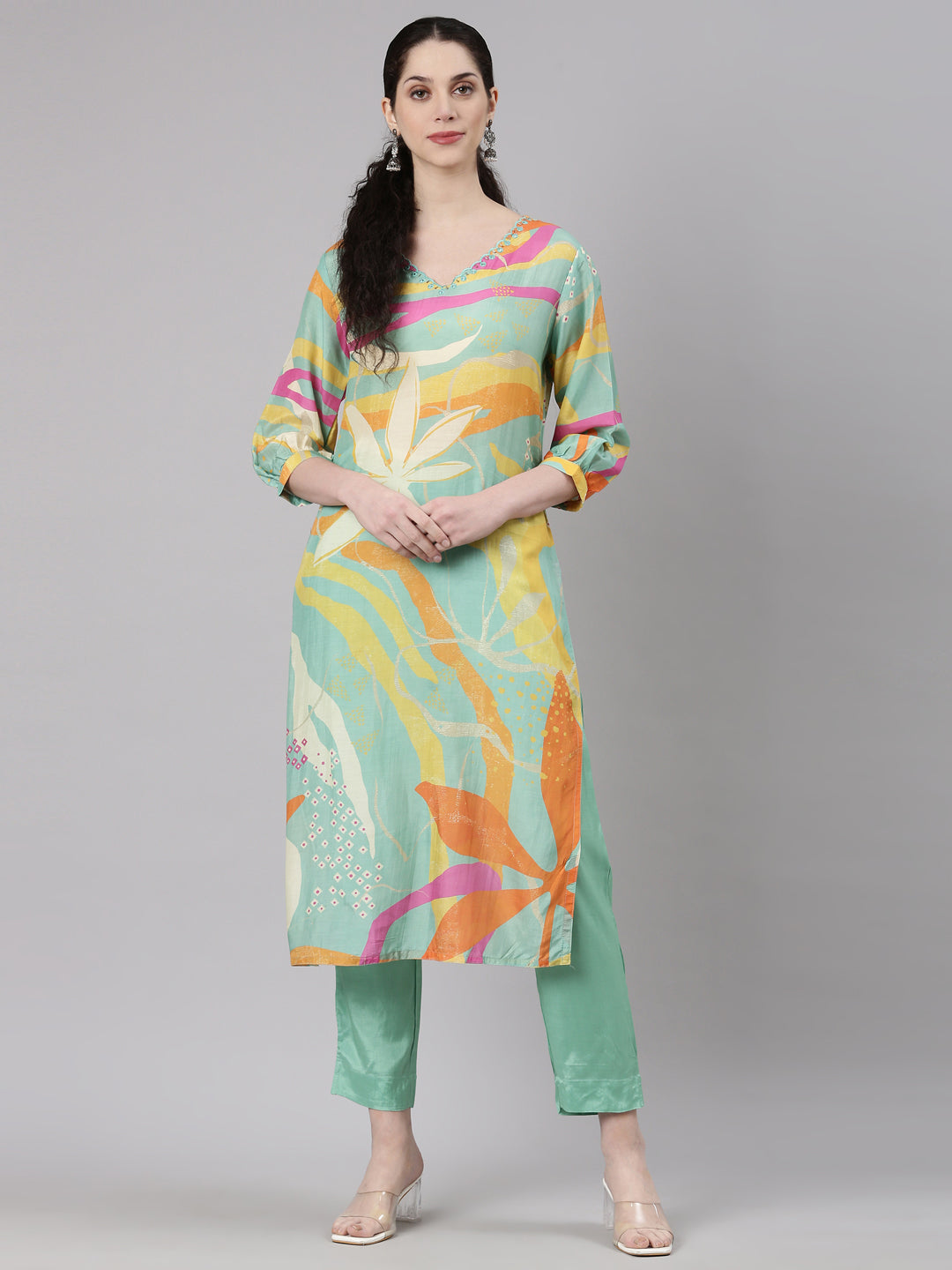 Neerus Blue Straight Casual Floral Kurta and Trouser