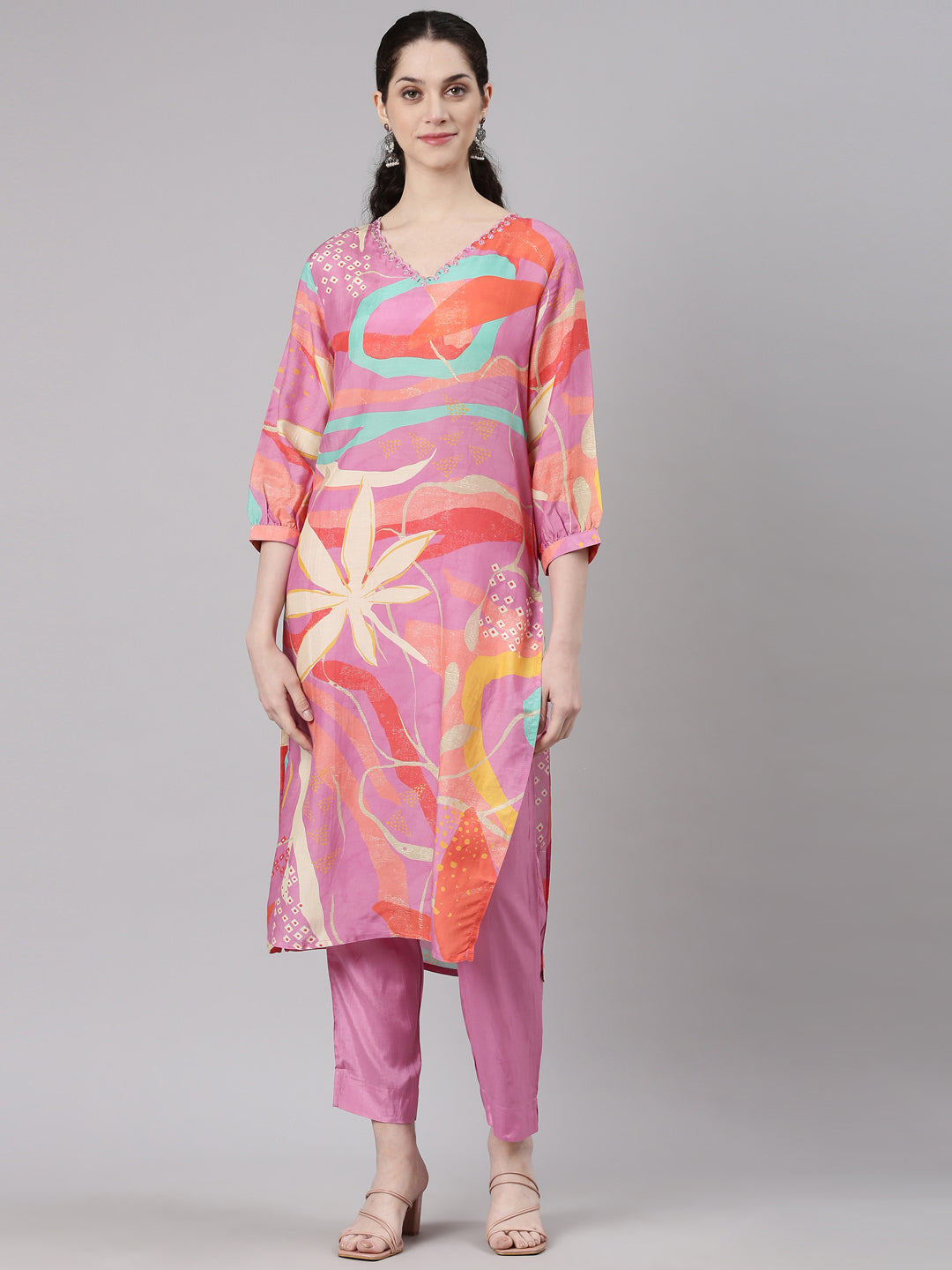 Neerus Pink Straight Casual Floral Kurta and Trouser