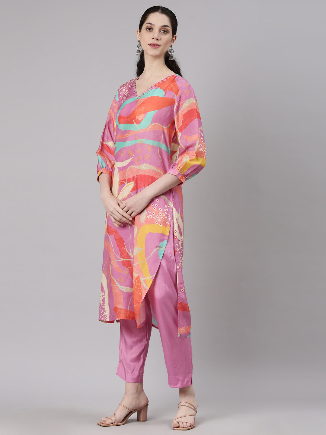 Neerus Pink Straight Casual Floral Kurta and Trouser