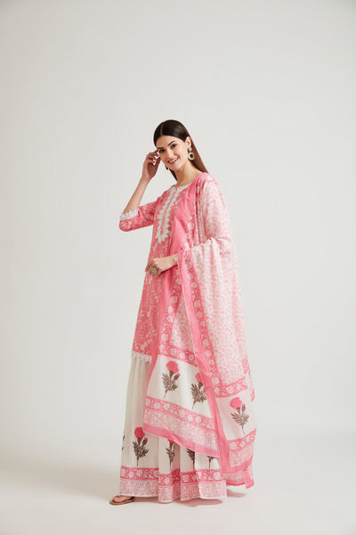 Neerus Women Pink Ethnic Motifs Embroidered Kurta with Sharara  With Dupatta