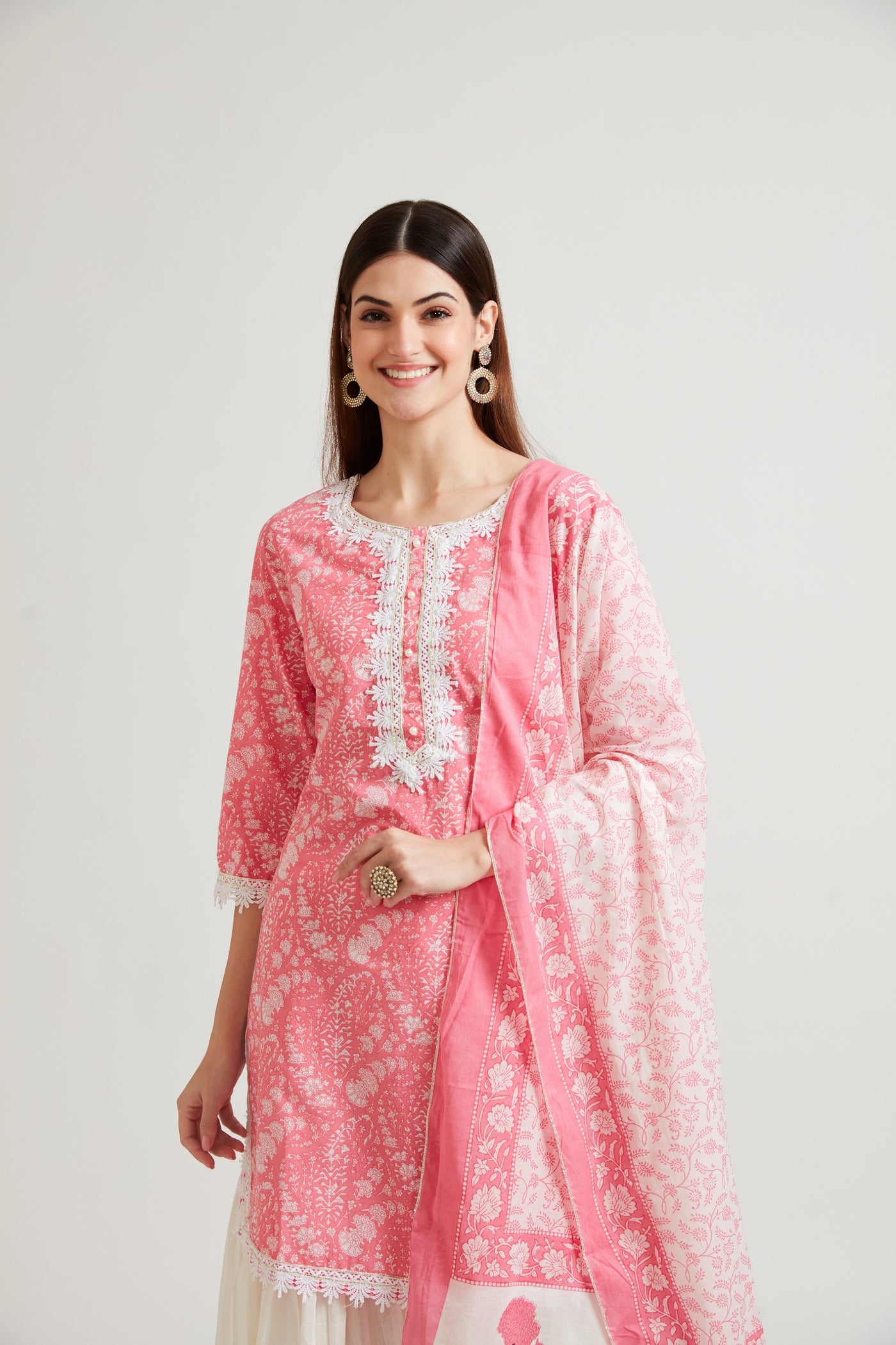 Neerus Women Pink Ethnic Motifs Embroidered Kurta with Sharara  With Dupatta