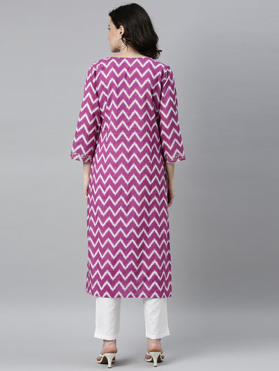 Neerus Women Purple Printed Thread Work Kurta with Trousers