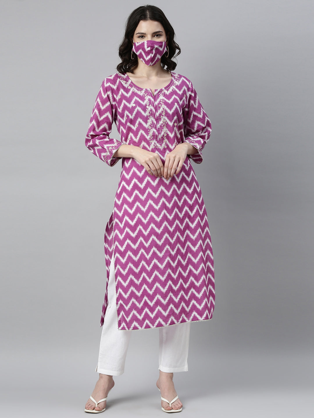 Neerus Women Purple Printed Thread Work Kurta with Trousers