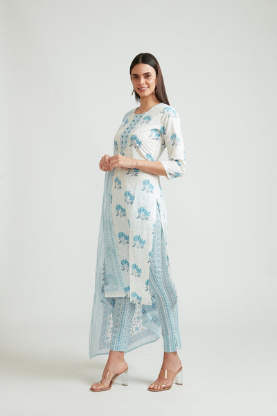 Neerus Women White and Blue Floral Printed Kurta with Trousers and Dupatta