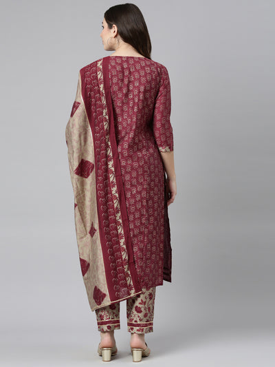 Neeru's Purple Regular Straight Printed Kurta And Trousers With Dupatta