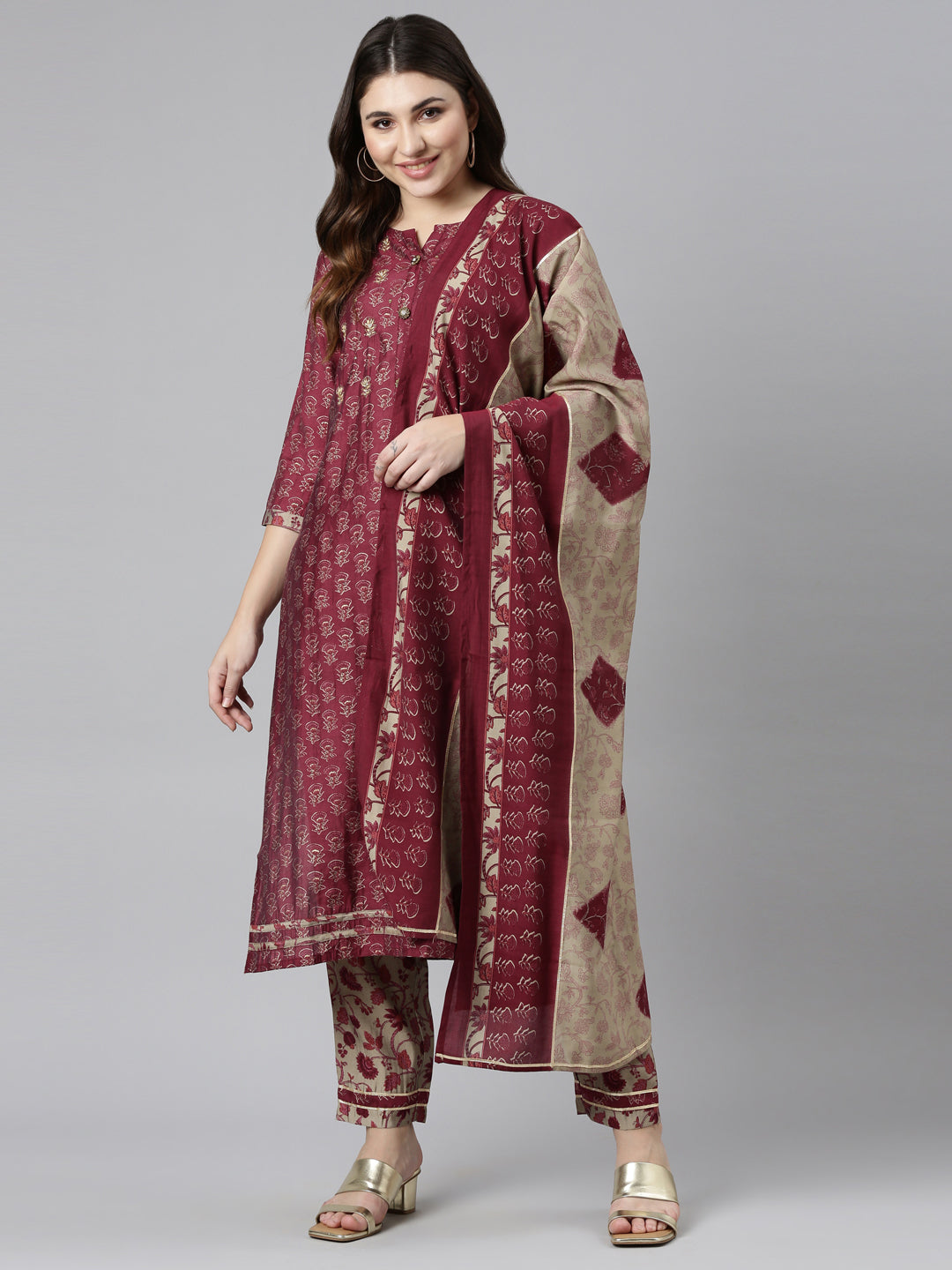 Neeru's Purple Regular Straight Printed Kurta And Trousers With Dupatta