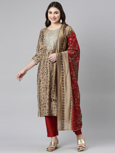 Neeru's Cream Regular Straight Printed Readymade suits