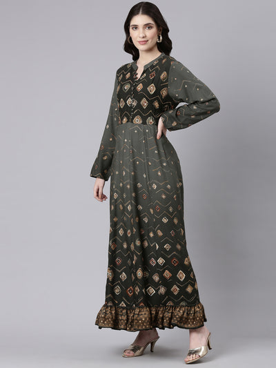 Neeru's Olive Straight Casual Printed Maxi Dresses