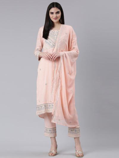 Neeru's Peach Regular Straight Printed Kurta And Trousers With Dupatta