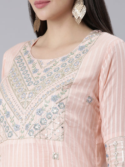 Neeru's Peach Regular Straight Printed Kurta And Trousers With Dupatta