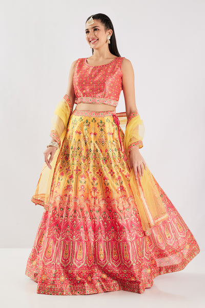 Neerus Red Printed Silk Fabric Ghagra Set