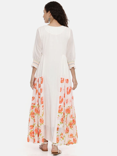 Neerus White Floral Printed Thread Work Kurta