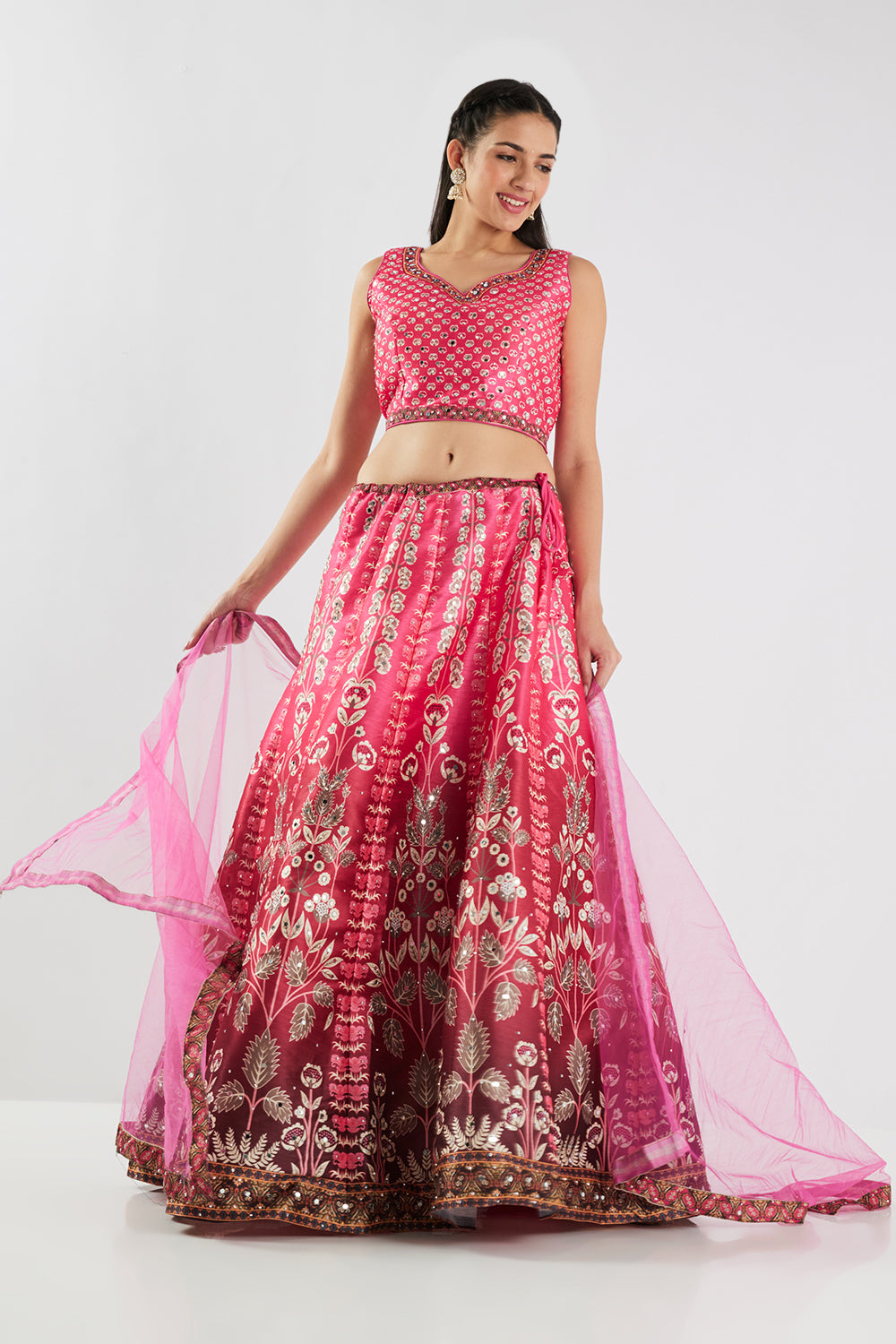 Neerus Rani Pink Printed Silk Fabric Ghagra Set