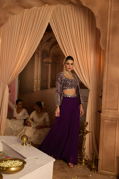 Neerus Purple Embroidery Georgette Fabric Fusion Set.