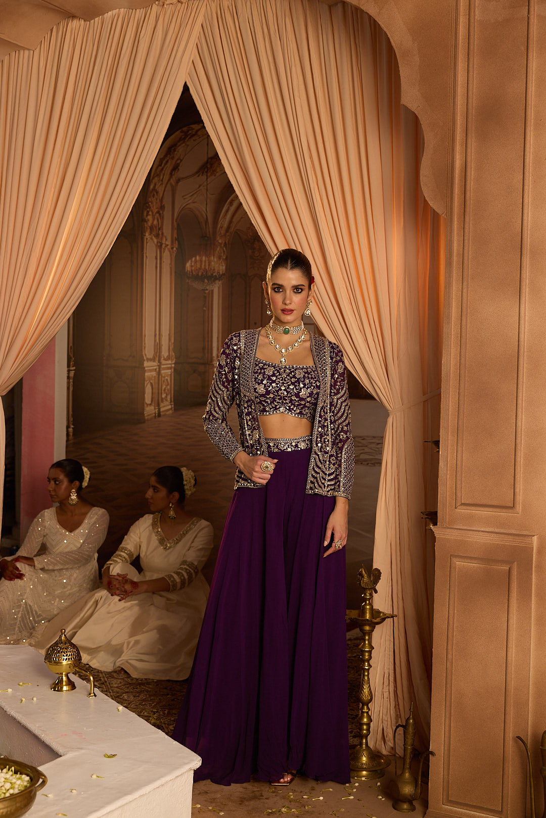 Neerus Purple Embroidery Georgette Fabric Fusion Set.