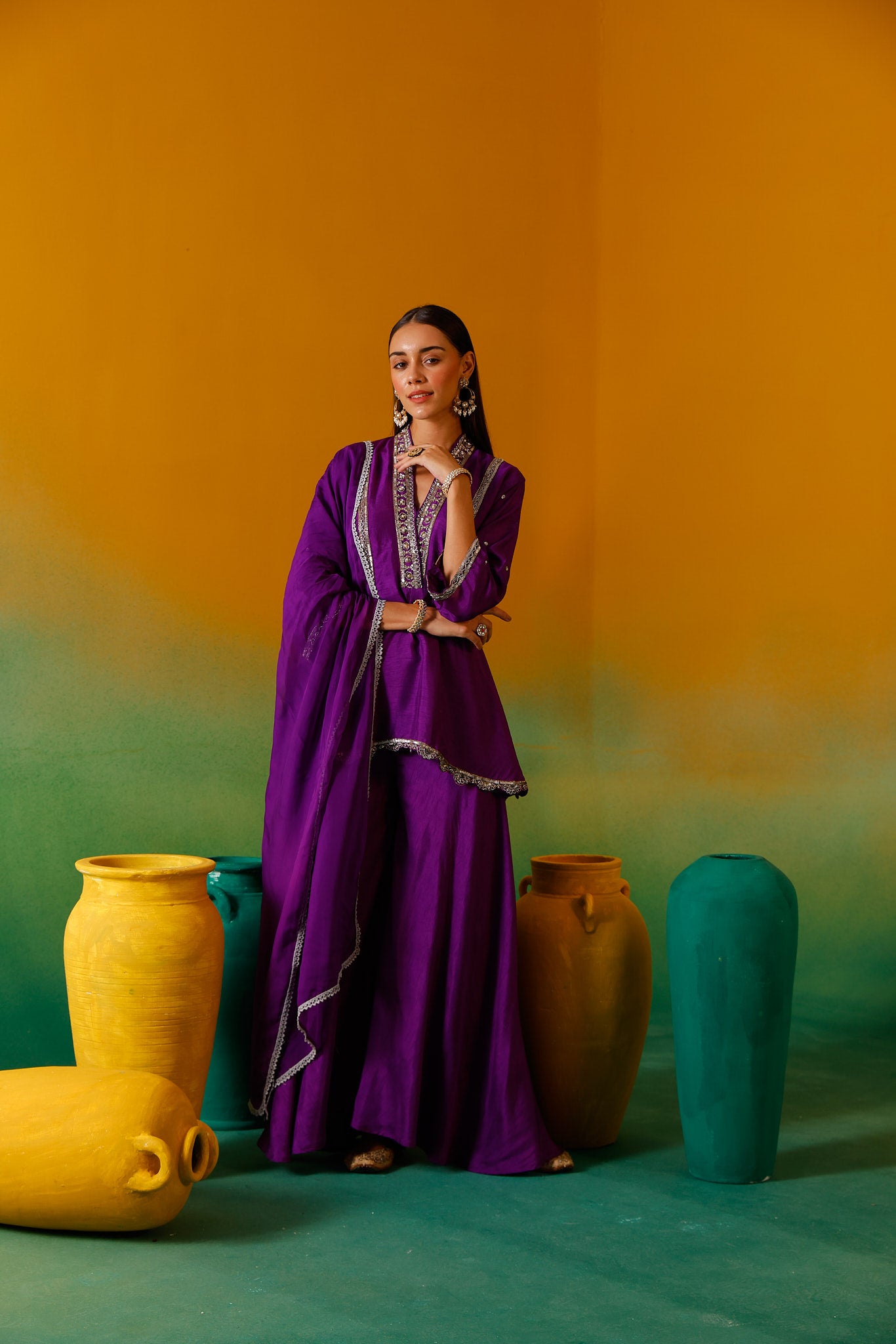 Neerus Purple Embroidery Silk fabric Kurti and plazzo with Dupatta