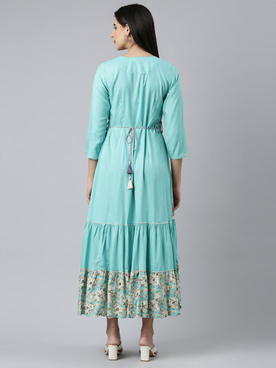 Neeru's Sea Green Straight Casual Embroidered Dress
