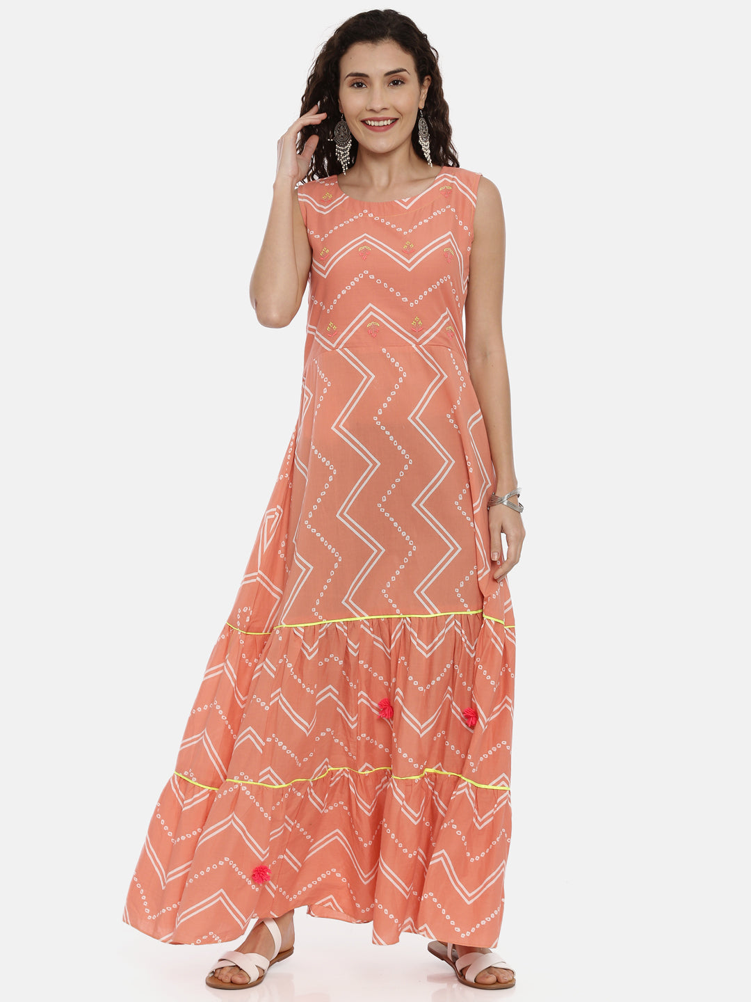 Neerus Women Coral Chevron Printed Anarkali Kurta