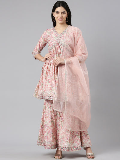 Neeru's Pink Pleated Straight Printed Kurta And Sharara With Dupatta