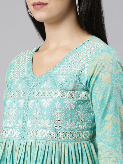 Neeru's Sea Green Regular Straight Printed Kurta And Sharara With Dupatta