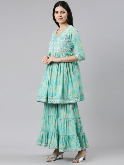 Neeru's Sea Green Regular Straight Printed Kurta And Sharara With Dupatta