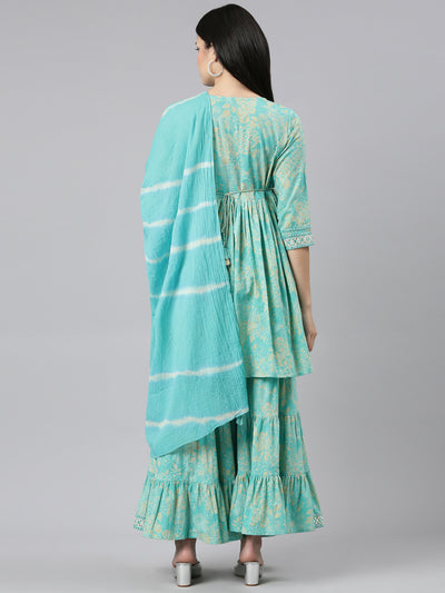 Neeru's Sea Green Regular Straight Printed Kurta And Sharara With Dupatta