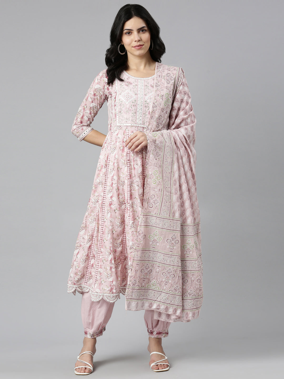 Neeru's Pink Regular Straight Printed Kurta And Salwar With Dupatta