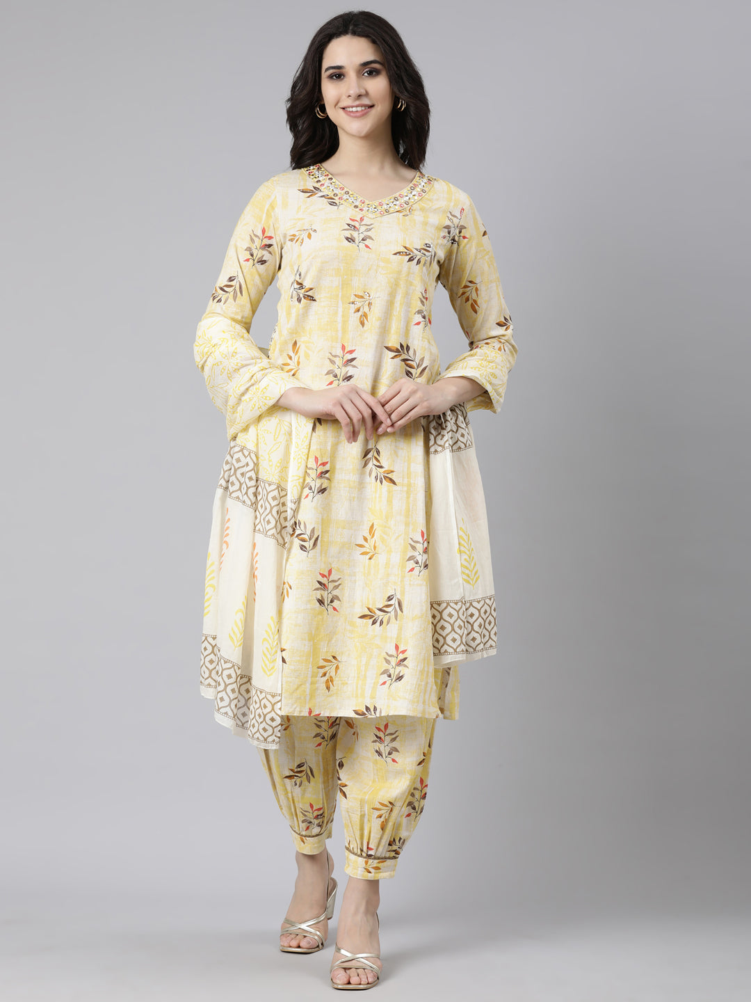 Neerus Yellow Regular Straight Floral Kurta And  Salwar With Dupatta