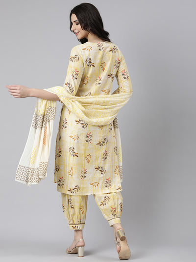 Neerus Yellow Regular Straight Floral Kurta And  Salwar With Dupatta