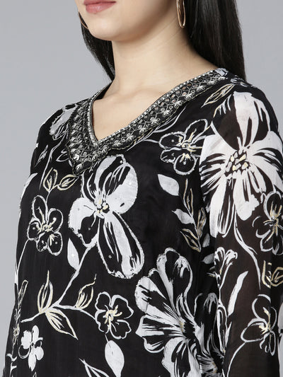 Neerus Black Pleated Straight Floral Kurta And Trousers With Dupatta