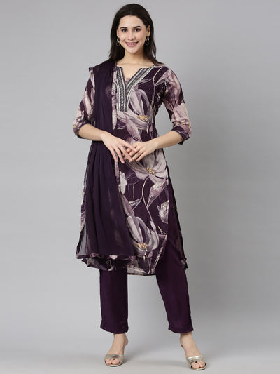 Neerus Purple Regular Straight Floral Kurta And  Trousers With Dupatta