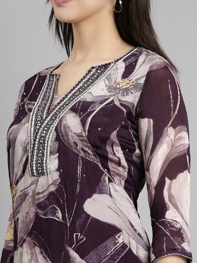 Neerus Purple Regular Straight Floral Kurta And  Trousers With Dupatta