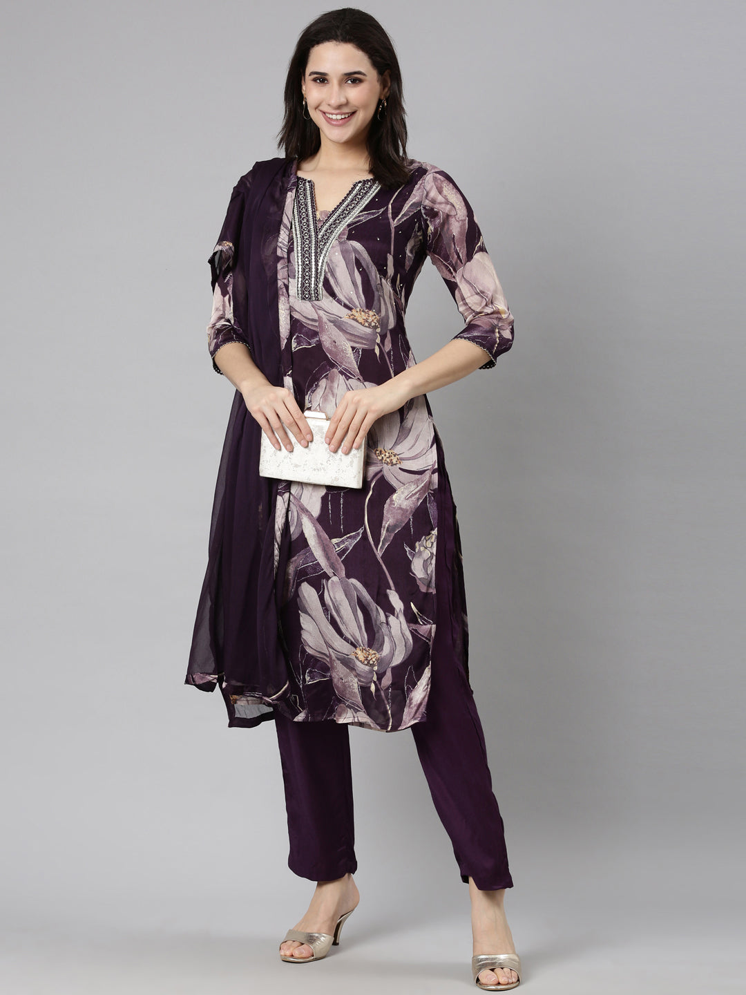 Neerus Purple Regular Straight Floral Kurta And  Trousers With Dupatta