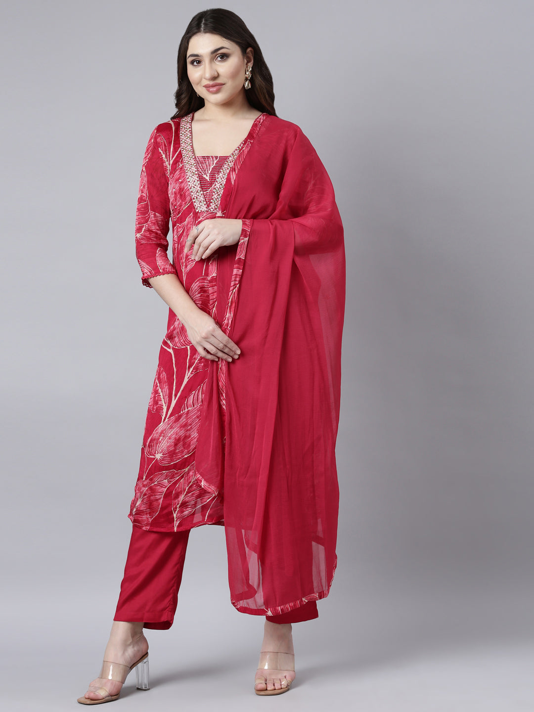 Neerus Pink Regular Straight Animal Kurta And Trousers With Dupatta