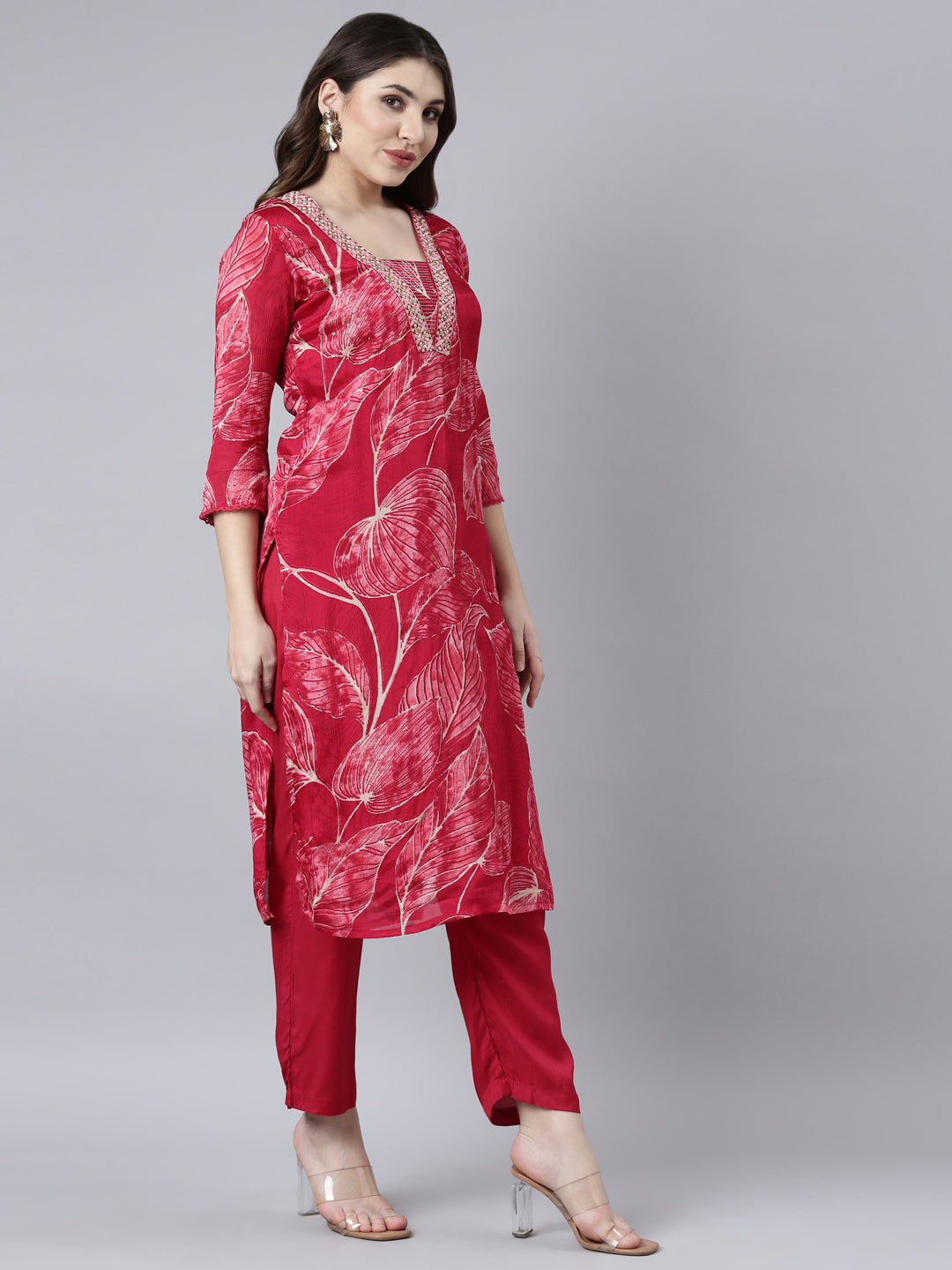 Neerus Pink Regular Straight Animal Kurta And Trousers With Dupatta