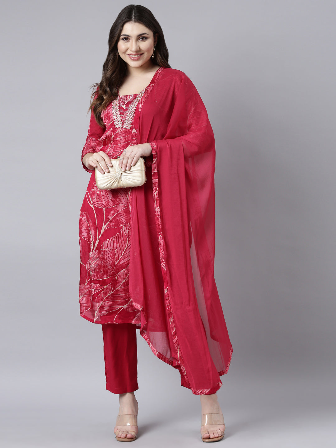 Neerus Pink Regular Straight Animal Kurta And Trousers With Dupatta