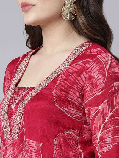 Neerus Pink Regular Straight Animal Kurta And Trousers With Dupatta