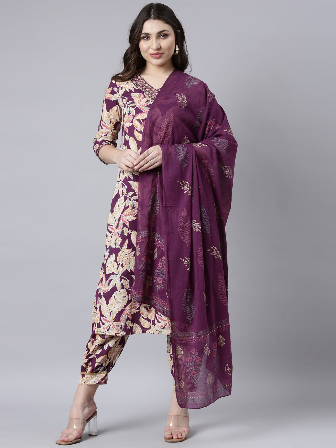 Neerus Purple Regular Straight Floral Kurta And Salwar With Dupatta